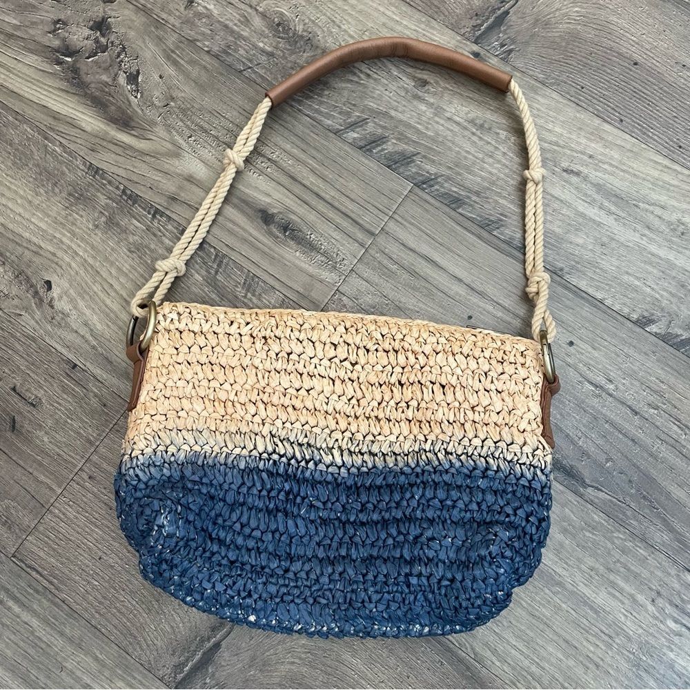 ANABAGLISH Sundance Take A Dip Blue & Tan Raffia Straw Shoulder Bag